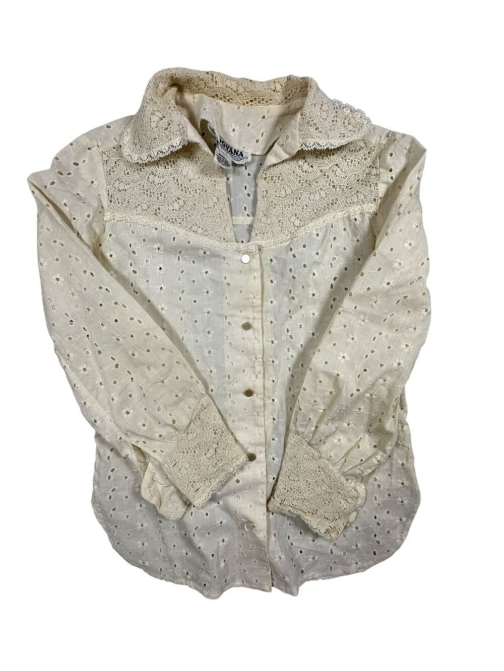 Joyana Womens Ivory Lace Eyelet Button-Up Long Sleeve Blouse Vintage - Picture 2 of 8